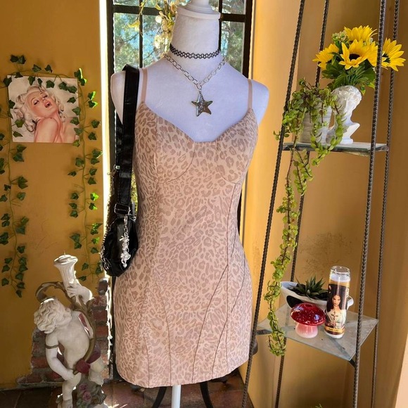 beige bodycon dress mini 2000s glam leopard print - Picture 1 of 8